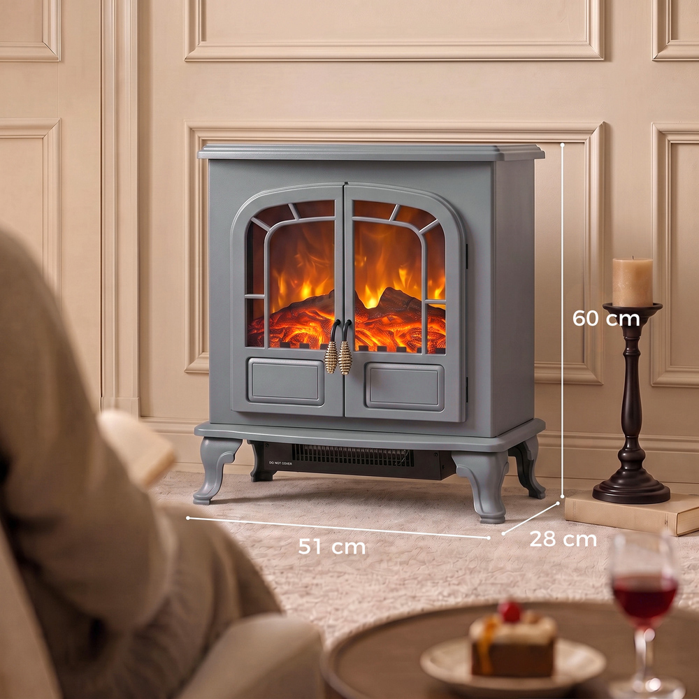 HOMCOM Grey Freestanding Electric Fireplace Stove with LED Fire Flame Effect Image 8