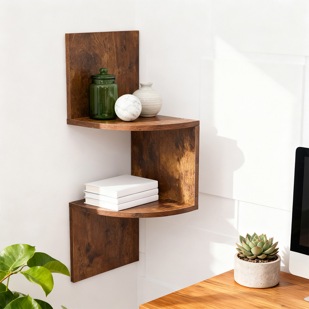 Living and Home 2 Shelf Dark Wood Wall Mounted Corner Shelf Image 7