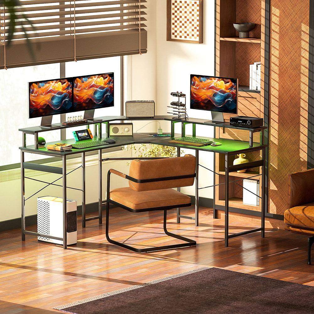 HOMCOM L-Shap Corner Computer Desk with Monitor Stand Black Image 3