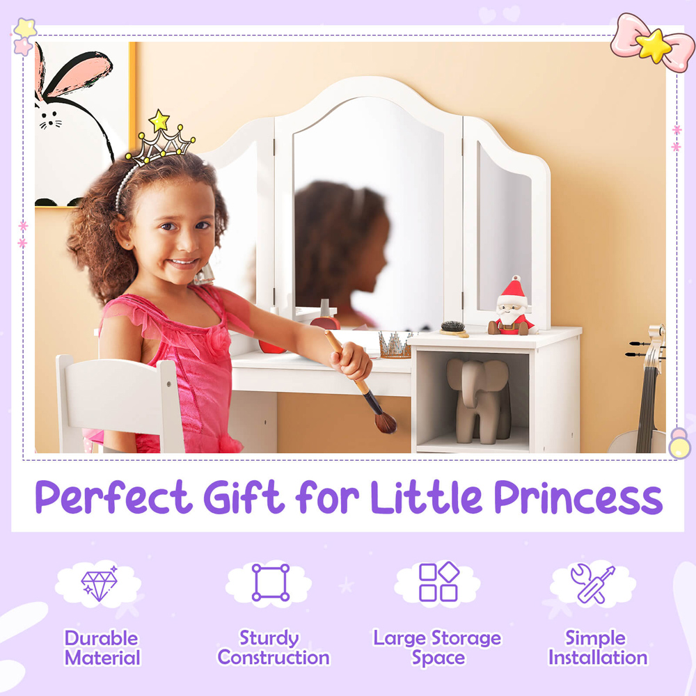 Costway 4 Shelf Kids White Vanity Table and Chair Set with Mirror Image 5
