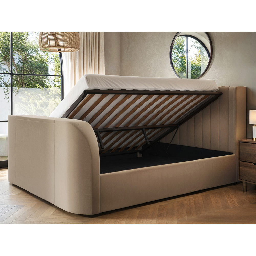 Flair Fallon Super King Size Beige Velvet TV Side Lift Ottoman Bed Image 5