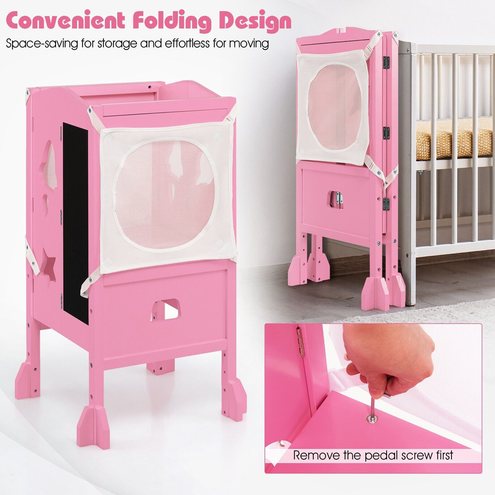 Costway Kids Pink Kitchen Step Stool with Blackboard Image 5
