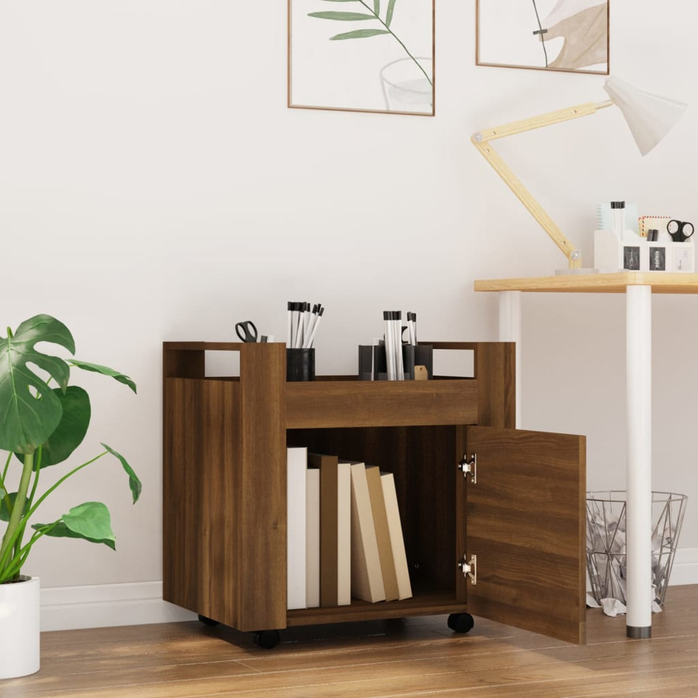 vidaXL Single Door Single Shelf Brown Oak Wooden Desk Trolley Image 9