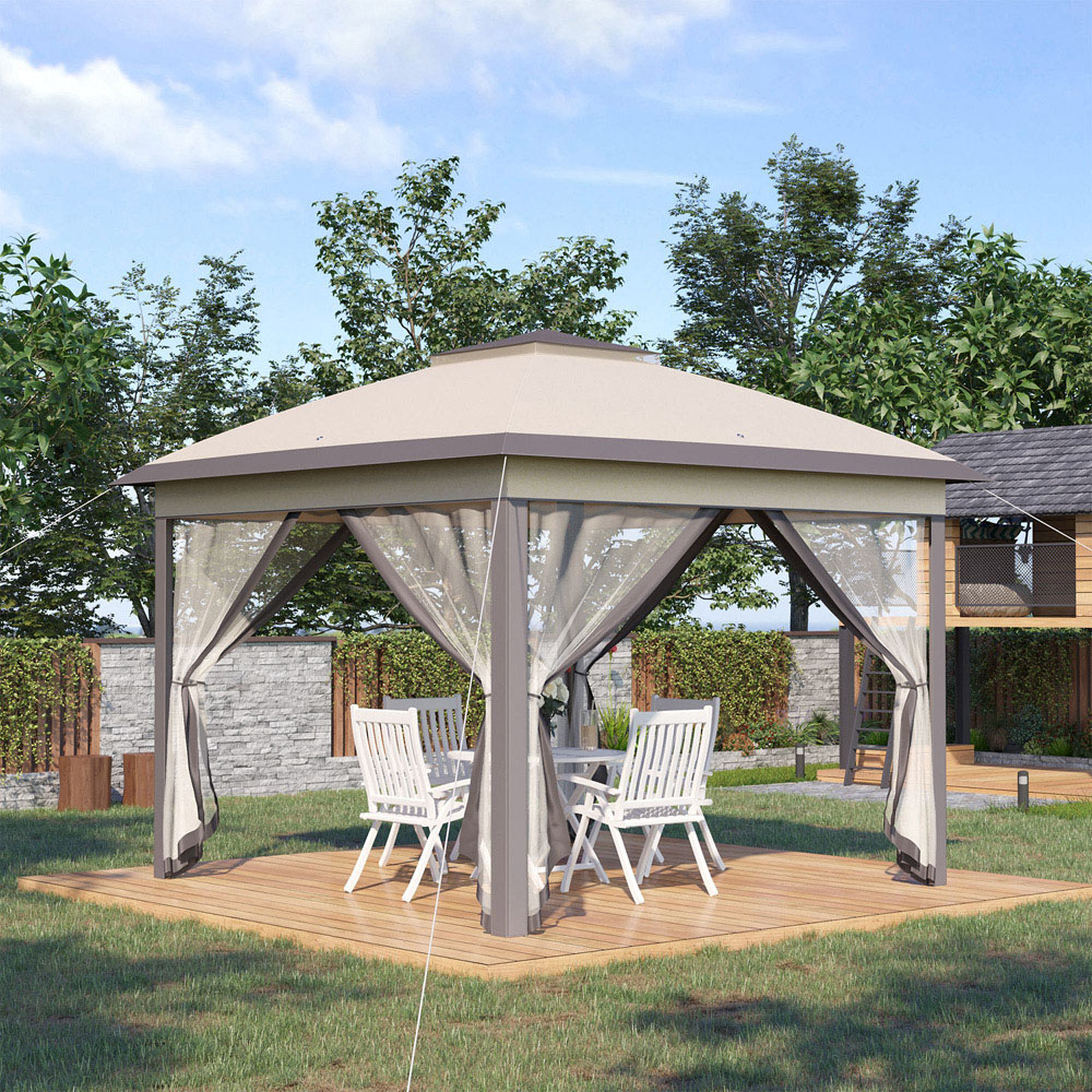 Outsunny 3.3 x 3.3m Beige Double Roof Pop Up Gazebo Image 1