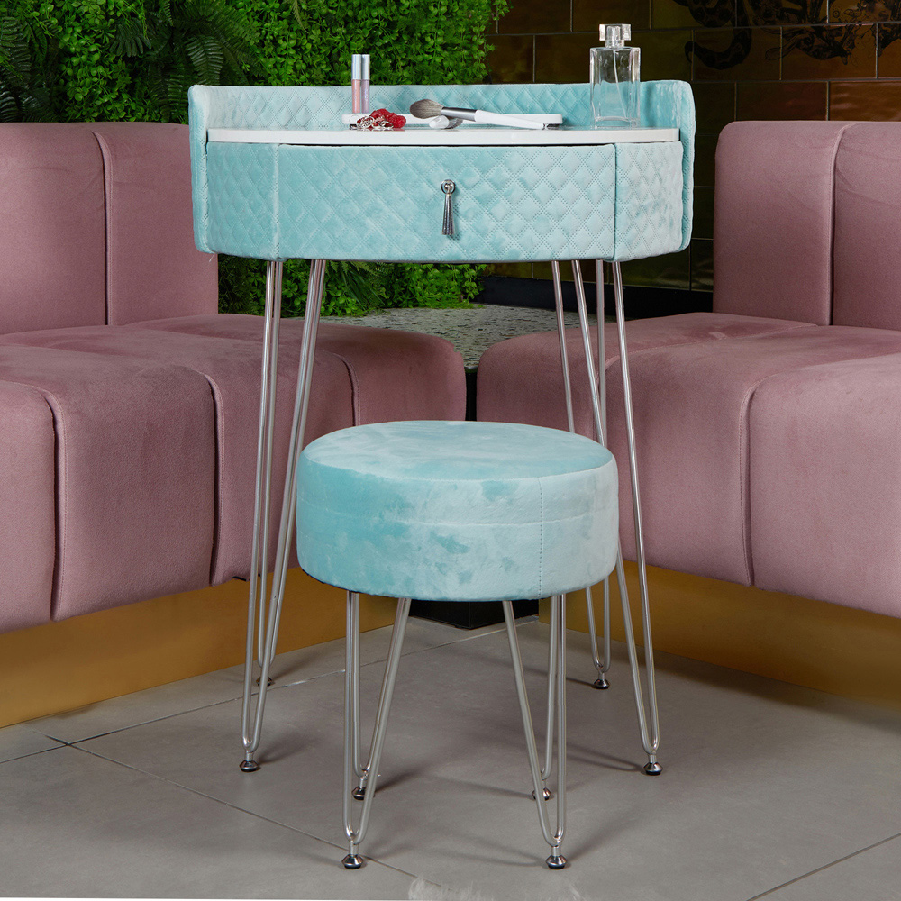 CARME Home French Riviera Single Drawer Baby Blue Upholstered Velvet Dressing Table Set Image 6
