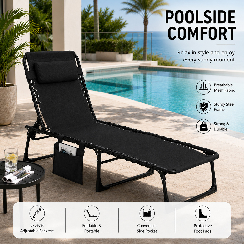 Shatchi Black Foldable Sun Lounger with Adjustable Backrest Image 7