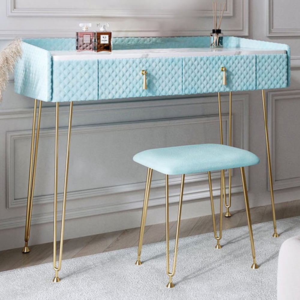 CARME Home Tokyo Glow Baby Blue Velvet Dressing Table with Stool Set Image 1