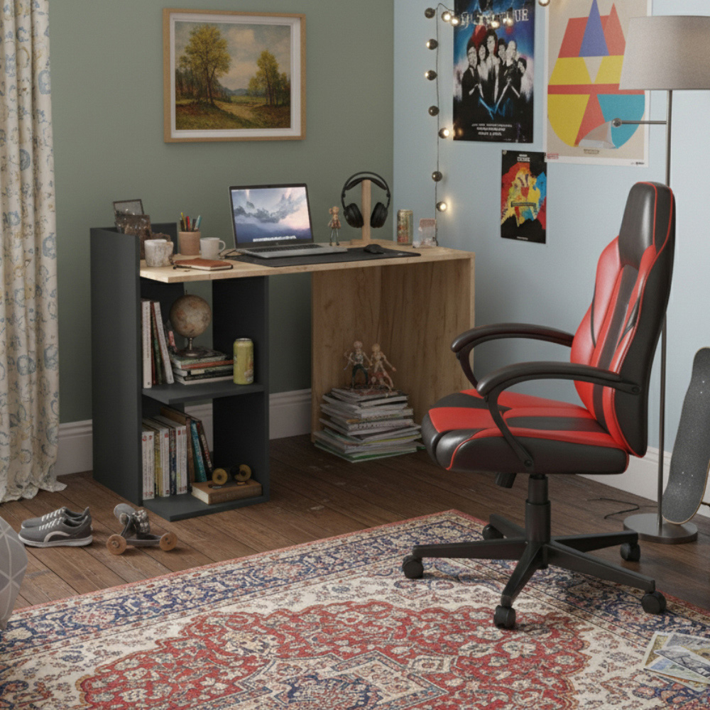 Shefa Iris 2 Shelf Computer Desk Anthracite and Gold Craft Oak Image 4
