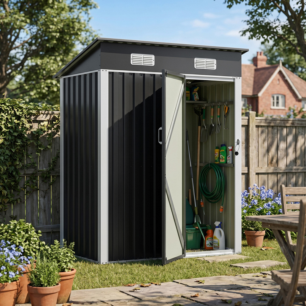 Living and Home 5 x 3ft Black Pent Quick Assembly Metal Garden Storage Shed Image 3