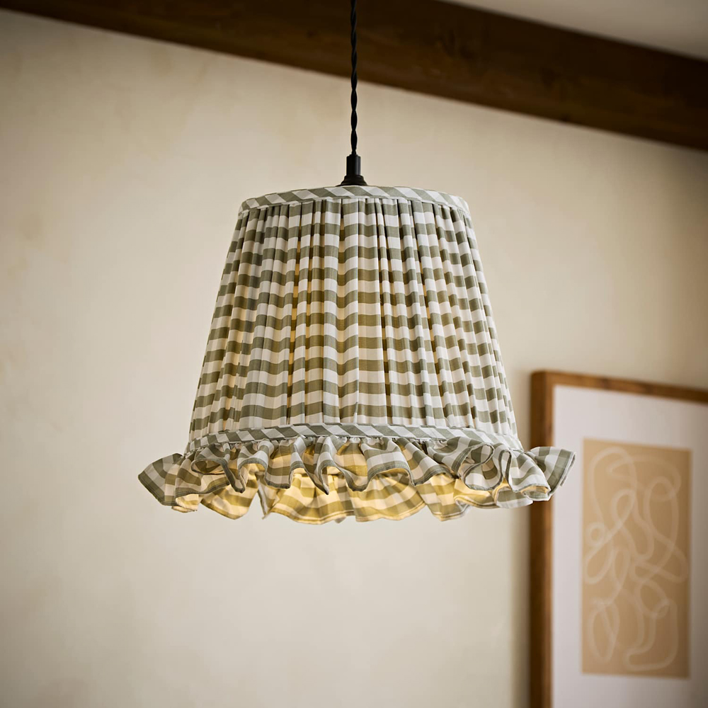 ValueLights Faye Green Check Tapered Ruffle Detail Trim Easy Fit Pendant Lamp Shade 40cm Image 6