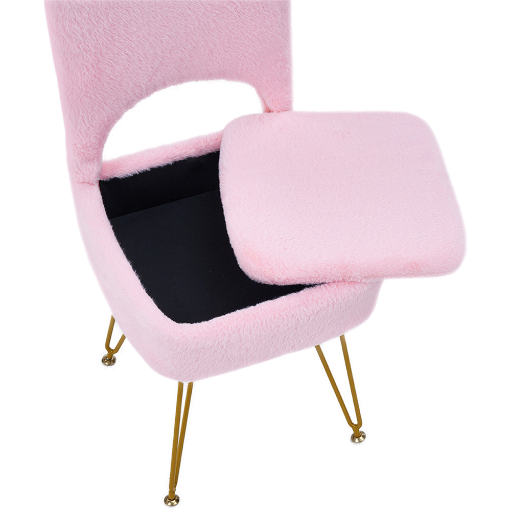 Living and Home Pink Faux Rabbit Fur Foldable Backrest Vanity Chair with Hidden Storage Image 6