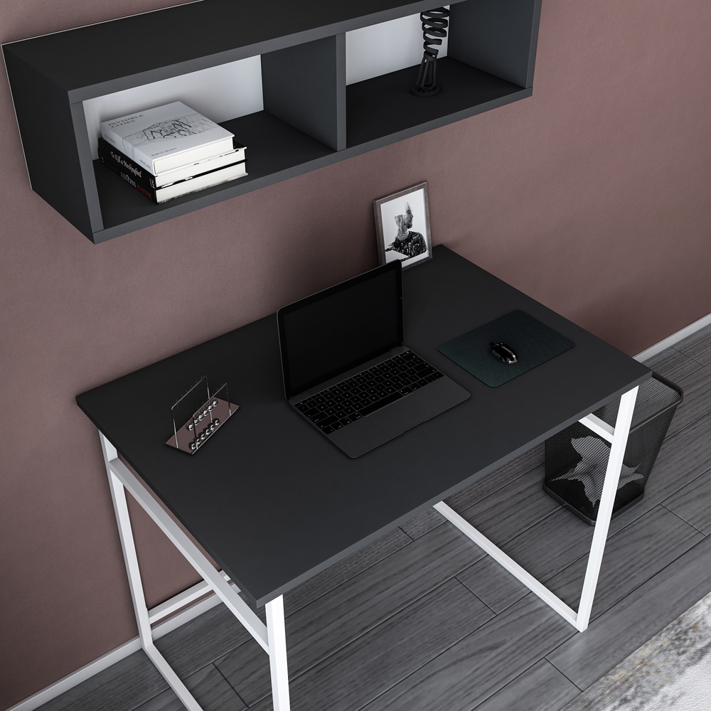 Decorotika Hussum Computer Desk with 2 Section Wall Shelf White and Anthracite Image 4