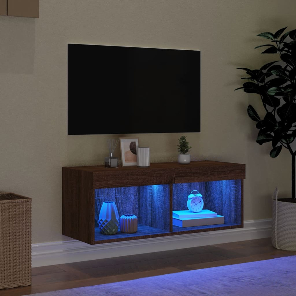 vidaXL 2 Shelf Brown Oak Wall Mounted LED TV Cabinet Image 3
