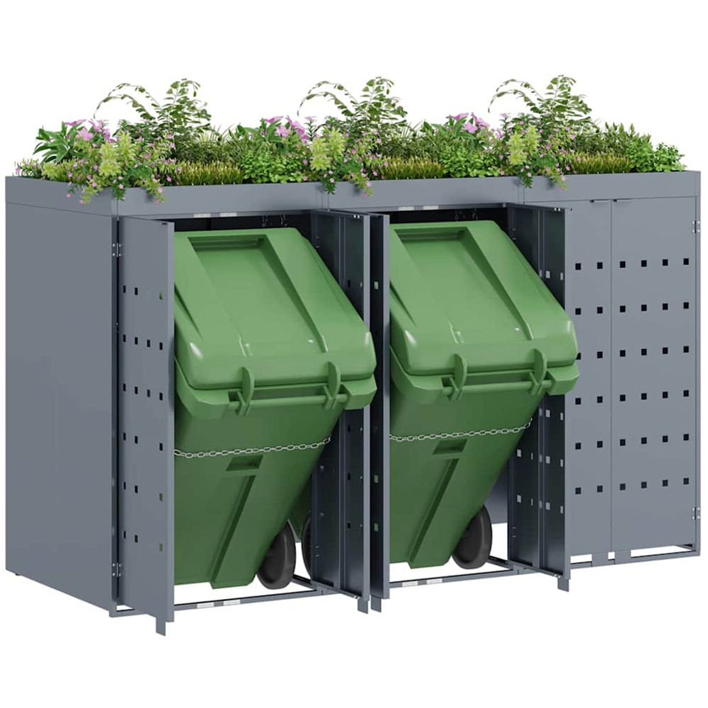 vidaXL Light Grey 3 Wheelie Bin Storage Shed with Planter Roof Image 3