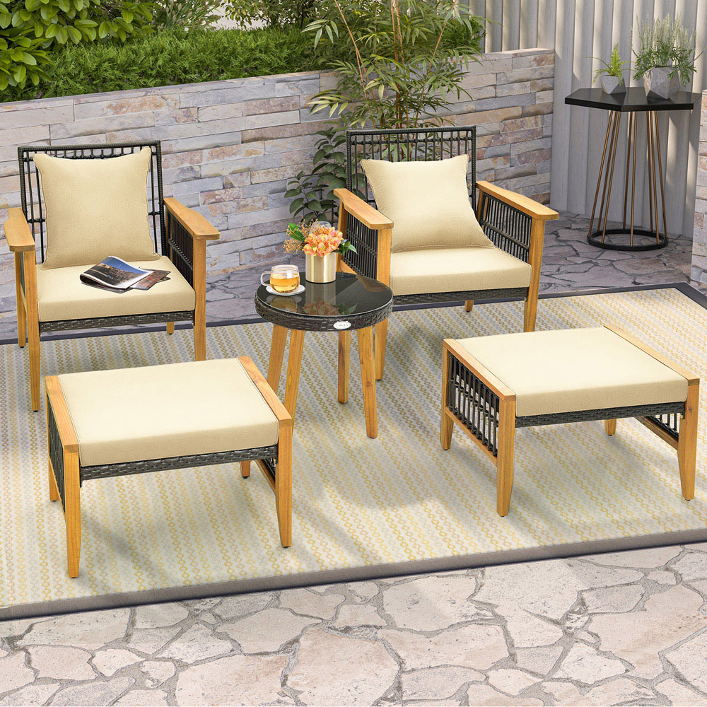 Costway 2 Seater Brown Wicker Woven Chair Set with Ottoman Image 3