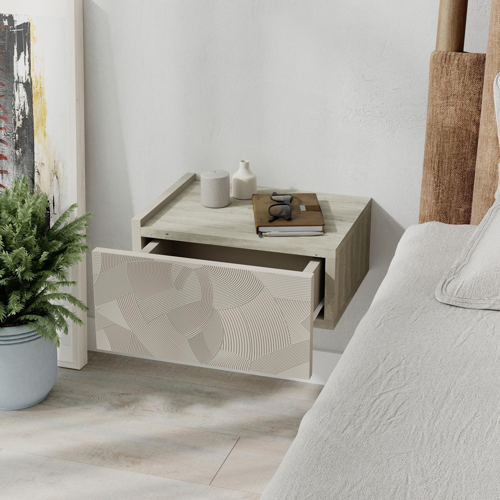 Decortie Onda Single Drawer Sandstone LED Wall-Mounted Bedside Table Image 5
