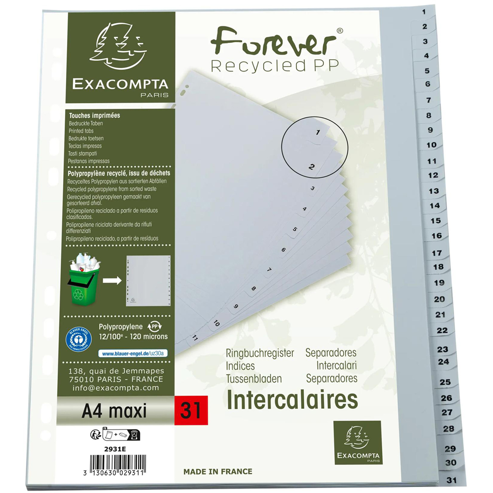 Exacompta A4 Maxi Grey Polypropylene 1-31 Divider 5 Pack Image 6