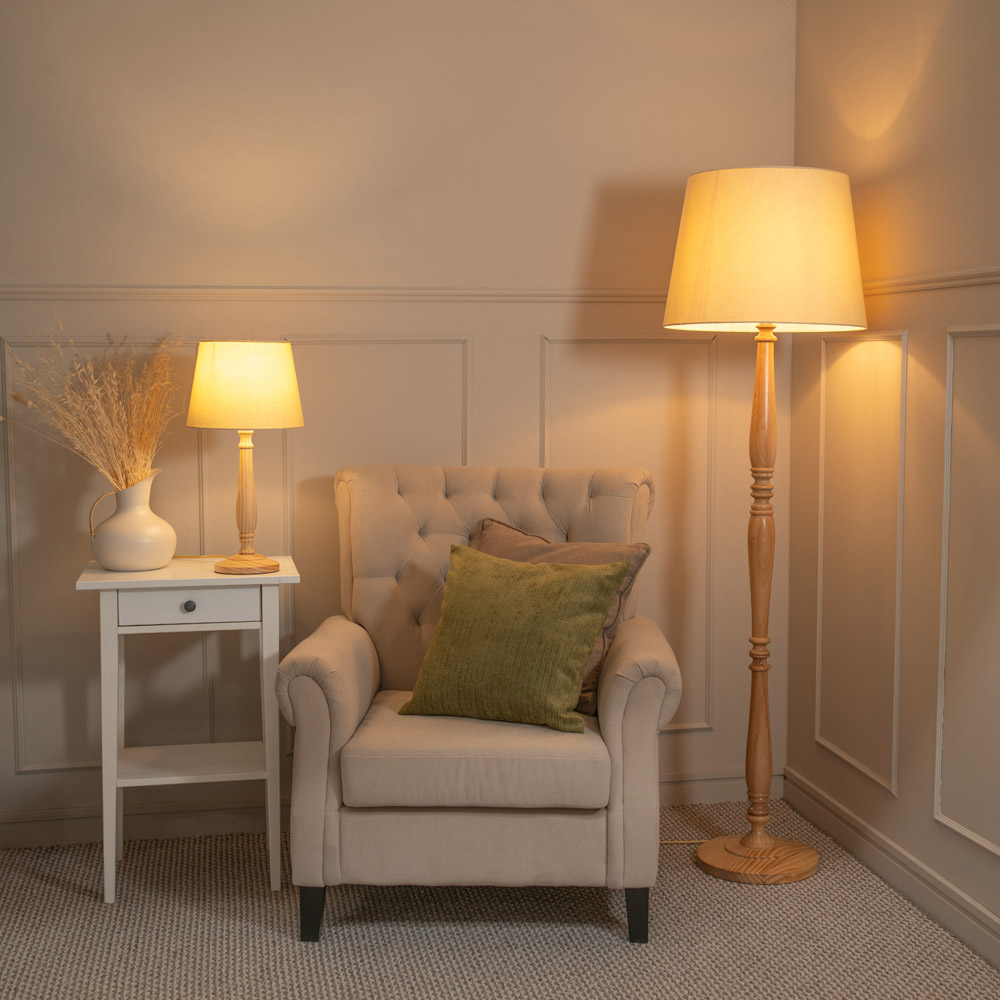 ValueLights Victoria Beige Fabric Tapered Shade Light Wood Traditional Stem LED Floor Lamp Image 4