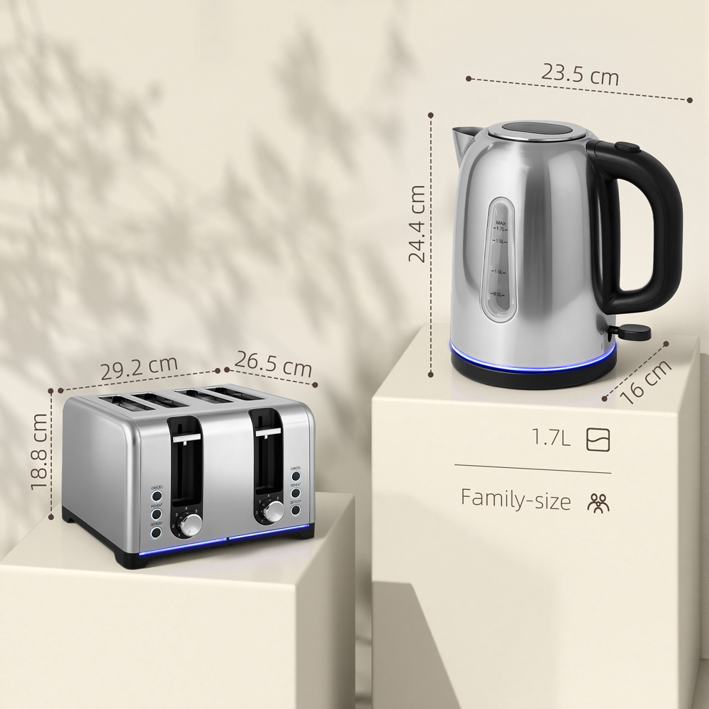HOMCOM 800-290V70SR Silver Tone 1.7L Kettle and 4 Slice Toaster Set 3000W Image 9