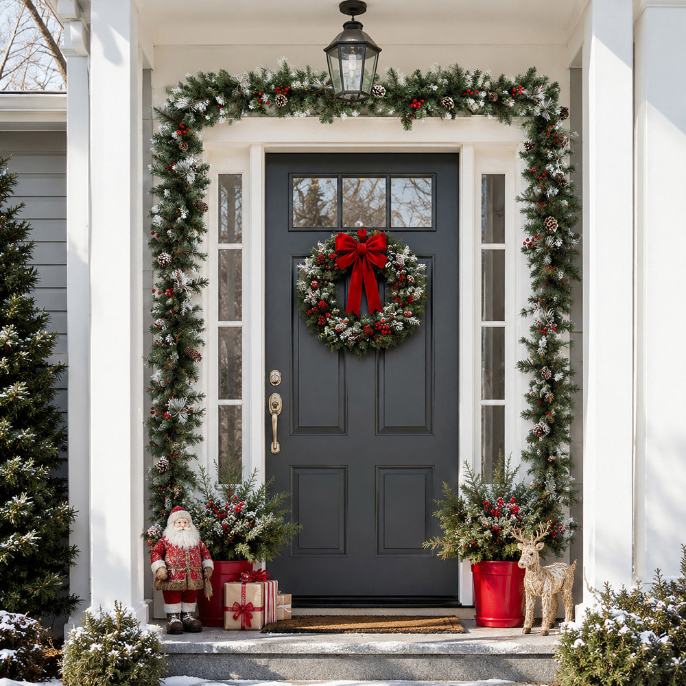 Abrihome 50 Warm White LED Snow-Dusted Artificial Christmas Garland with Pinecones and Berries 270cm Image 4