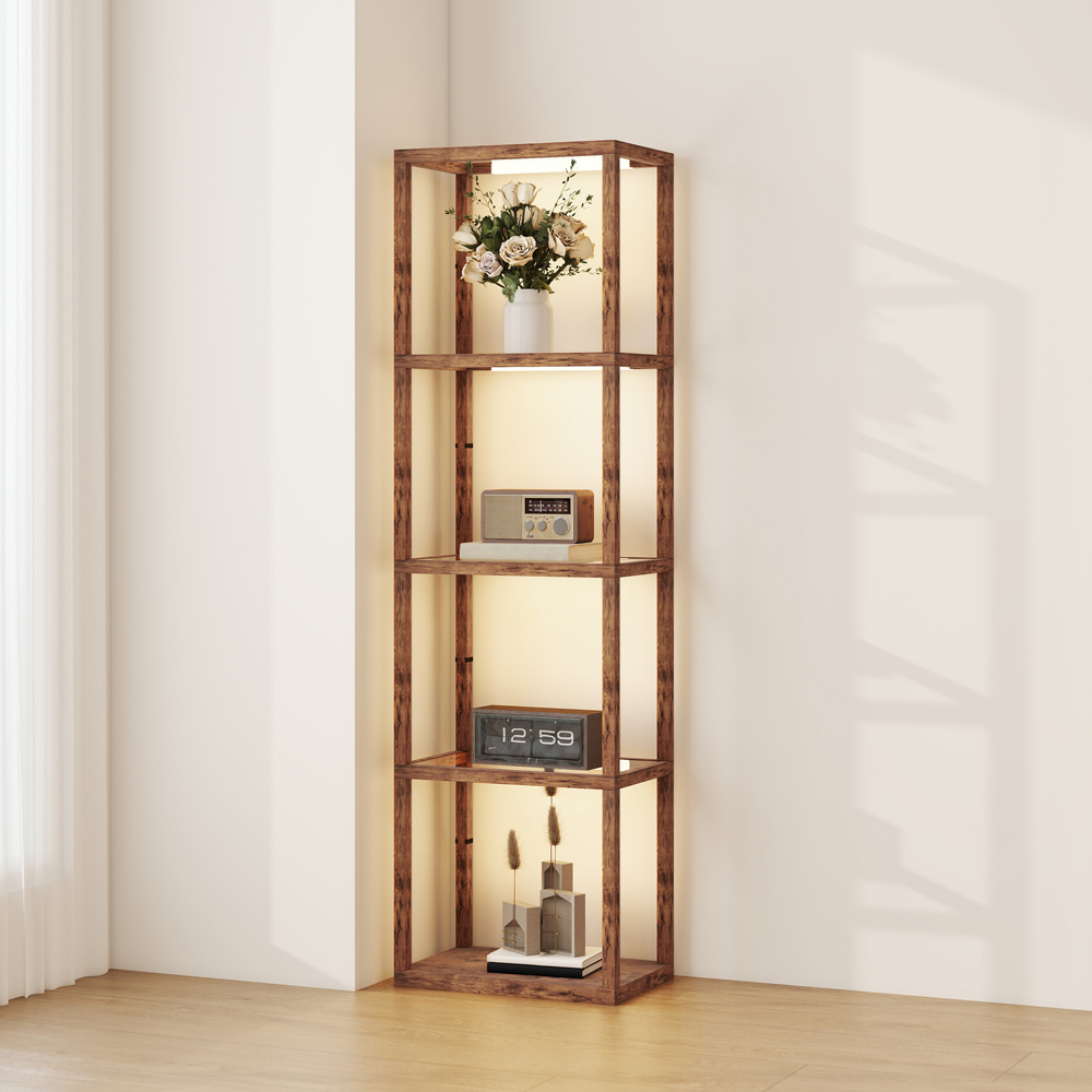 HOMCOM 4 Shelf Rustic Brown Glass Dimmable LED Floor Lamp Image 2