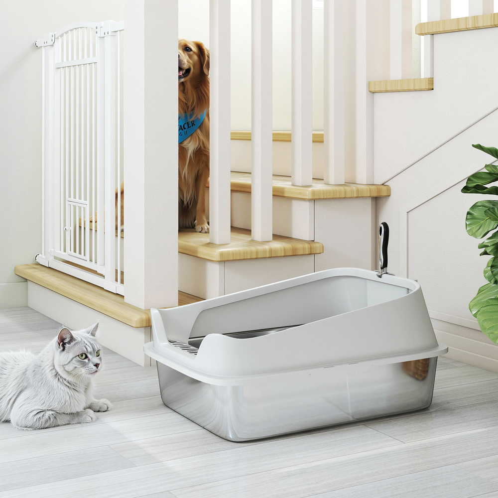 PawHut XL Grey Stainless Steel High Sided Cat Litter Tray with Scoop Image 4