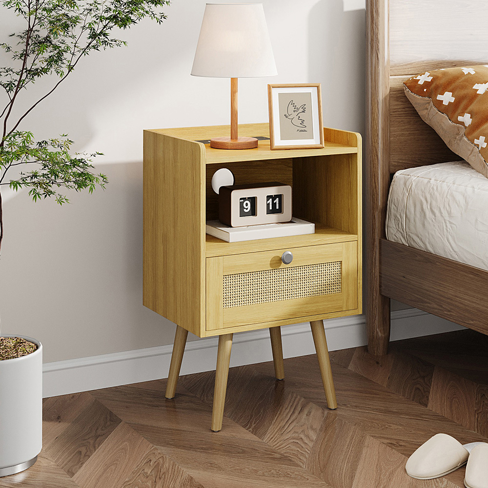 Living and Home Single Drawer Natural Wooden Bedside Table with Power Strip Set of 2 Image 8