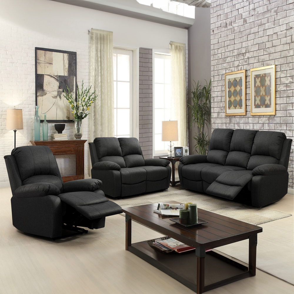 Brooklyn 6 Seater Dark Grey Luxury Fabric Manual Recliner Sofa Set Image 1