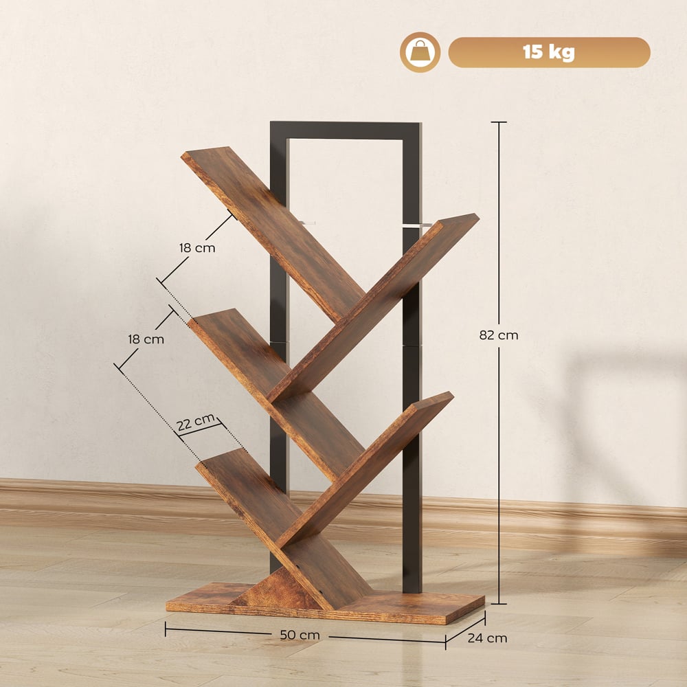 HOMCOM 4 Shelf Rustic Brown Steel Frame Tree Bookshelf Image 9