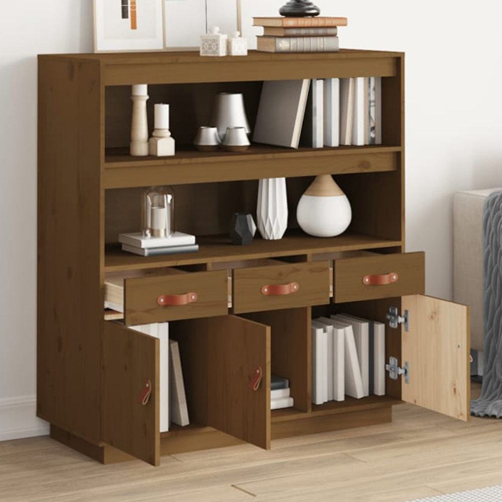 vidaXL 3 Door 3 Drawer 2 Shelf Honey Brown Solid Pine Wood Highboard Image 1