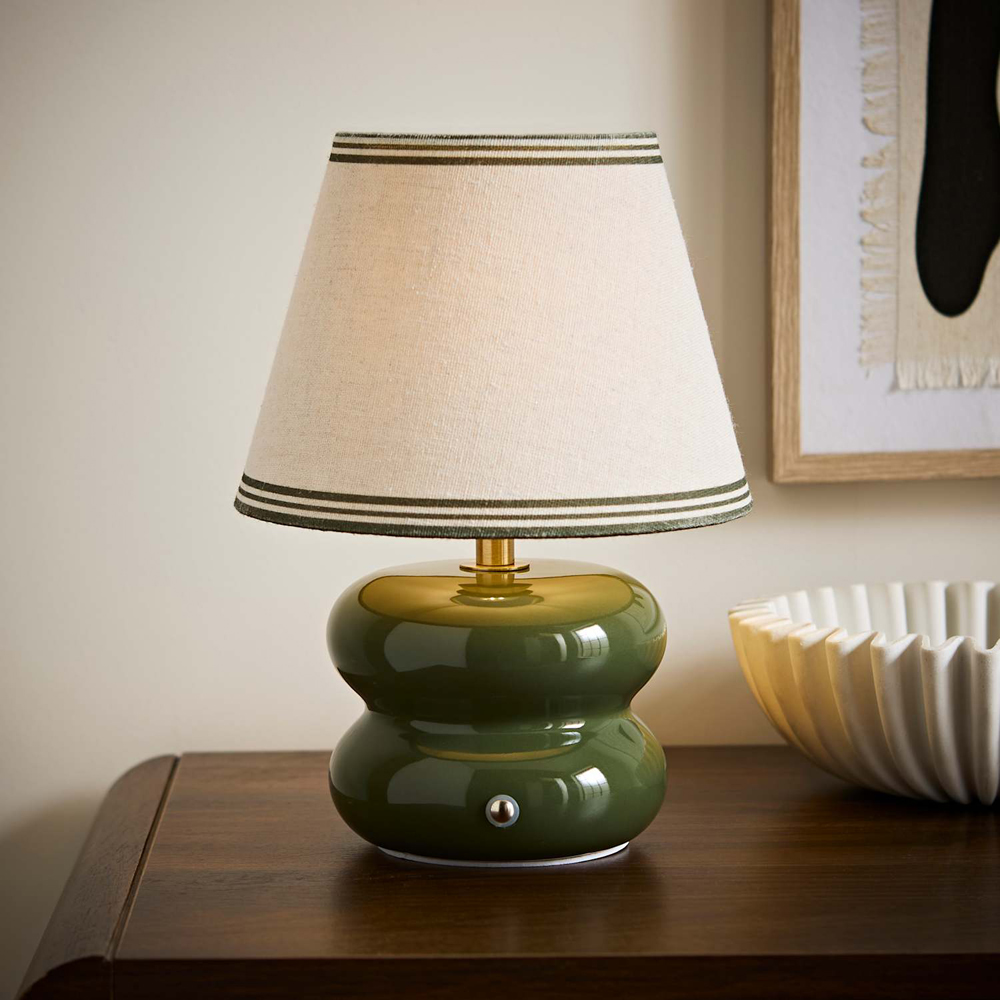 ValueLights Gia Triple Trim Linen Shade Olive Ceramic Stack Rechargeable Table Lamp Image 6