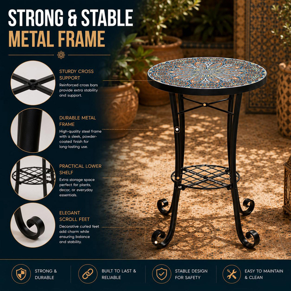 Shatchi Cairo 2-in-1 Single Shelf Mosaic Ceramic Tile Top Plant Stand Side Table Image 6