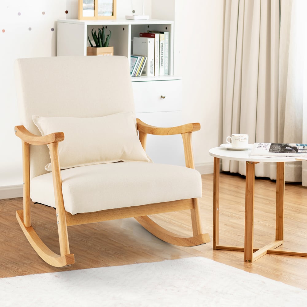 Costway Beige Upholstered Rubber Wood Frame Rocking Chair Image 3