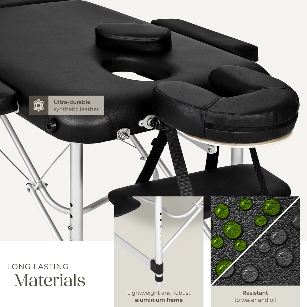 Massage Table - aluminium frame, carry bag, bolsters, head and armrests, folding - Black Image 5