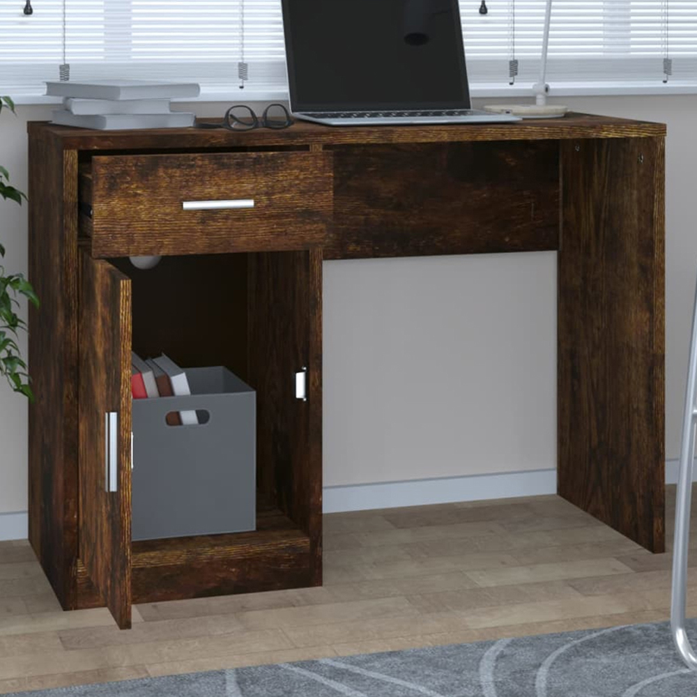 vidaXL Single Door Single Drawer Computer Desk Smoked Oak Image 1