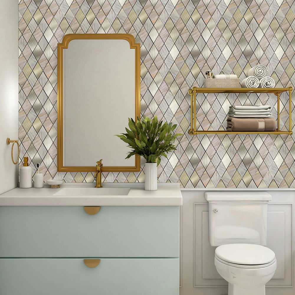 Birtwell Rose Gold Slate Diamond Pattern Peel and Stick Aluminium Wall Tile 295 x 295mm Image 1