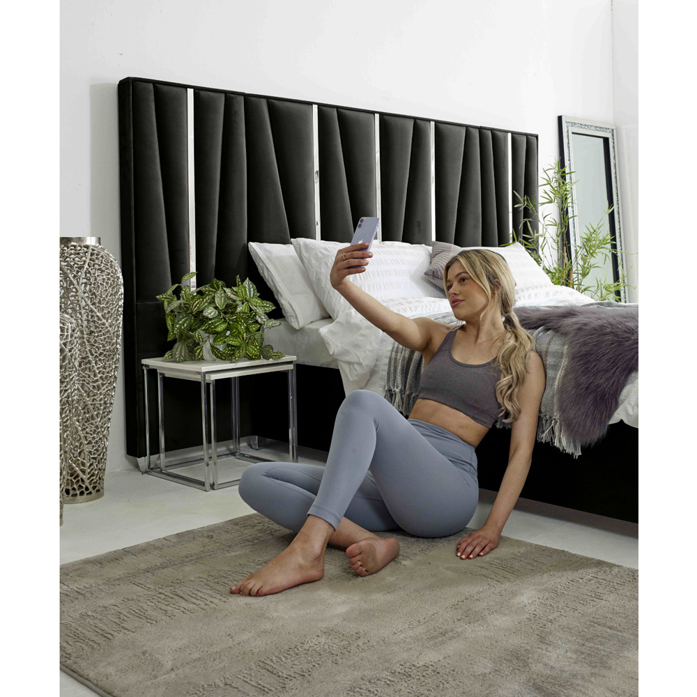 Eleganza Mila Double Black Plush Velvet Bed Frame with Lined Headboard Image 4