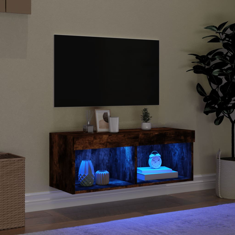 vidaXL 2 Shelf Smoked Oak Wall Mounted LED TV Cabinet Image 3