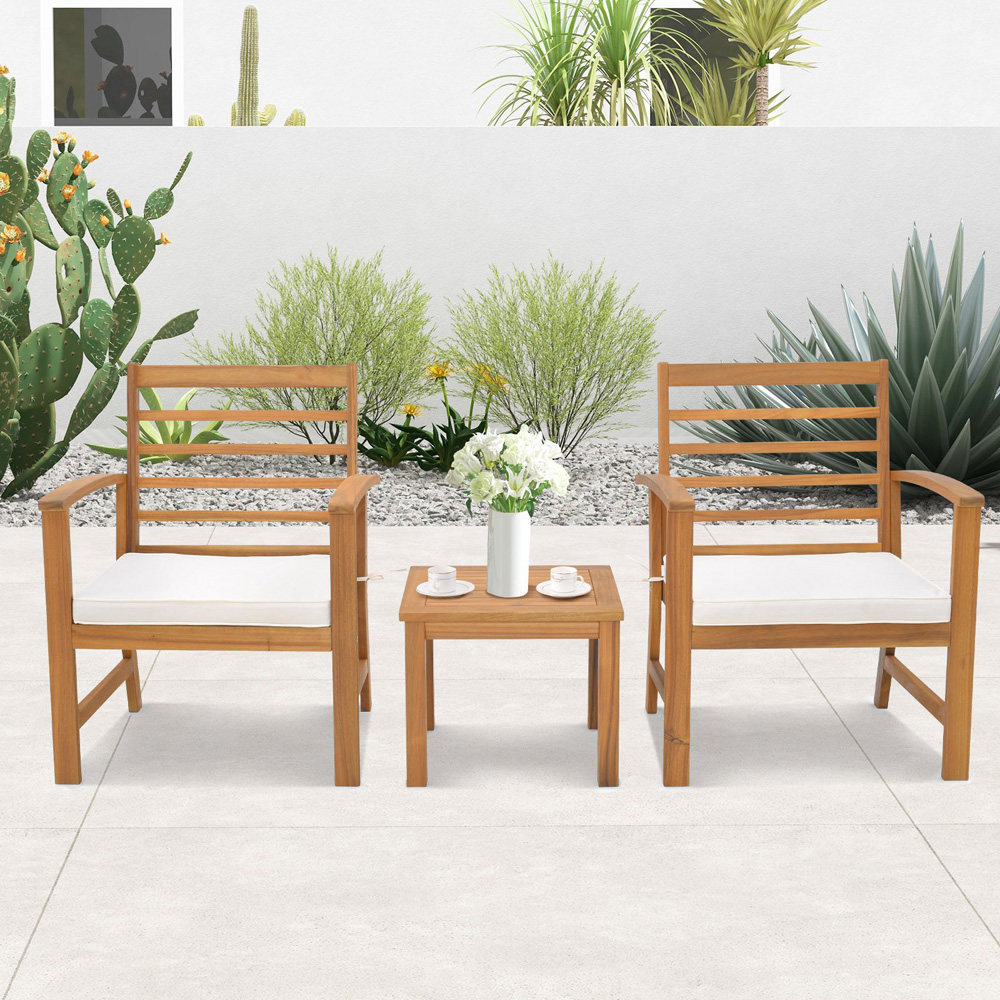 Costway 2 Seater Acacia Wood Patio Bistro Set with Cushion White Image 4