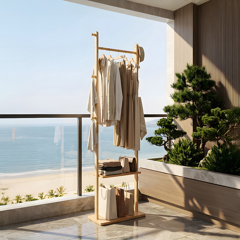 Living and Home Single Shelf Natural Freestanding Clothes Rack with 5 Hooks Image 7