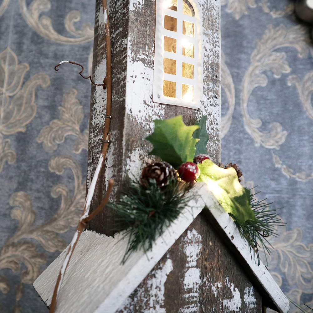 Shatchi Wooden House LED Christmas Decoration with Berries and Pines Image 3