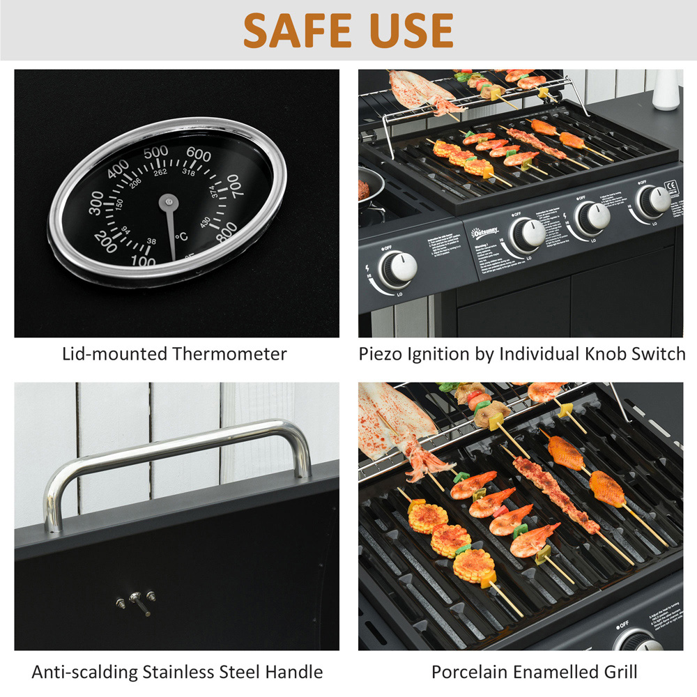 Outsunny Deluxe Black 3 Burner Gas BBQ Grill with Side Burner Image 6