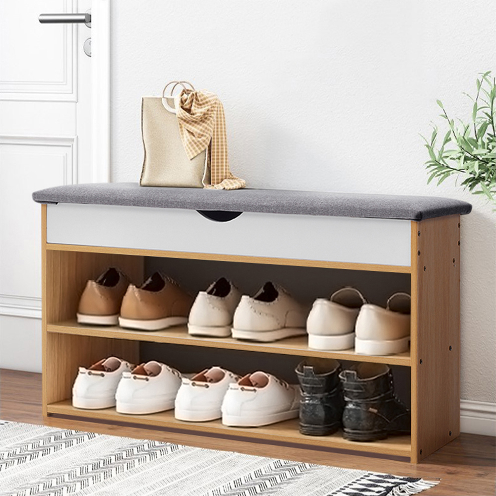 Living and Home 2 Shelf Natural Shoe Storage Bench with Hidden Compartment Image 8