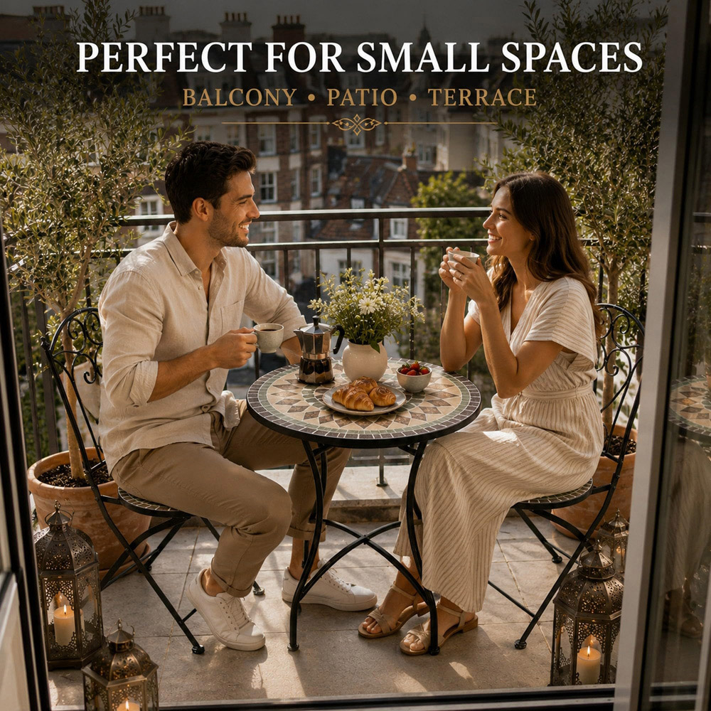 Shatchi Marrakech 2 Seater Mosaic Ceramic Tile Top Foldable Bistro Set Image 7