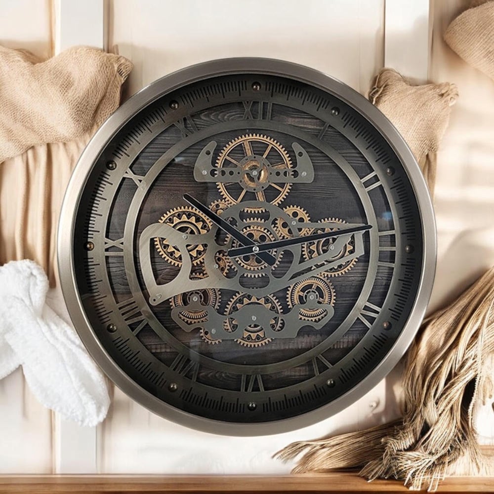 Acacia Home Silver Roman Numeral Round Gear Wall Clock 46cm Image 2