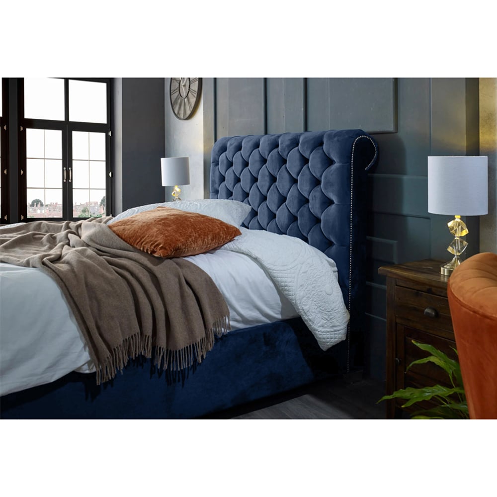 Eleganza Home Veneta King Size Blue Plush Velvet Bed Frame with Chesterfield Headboard Image 2