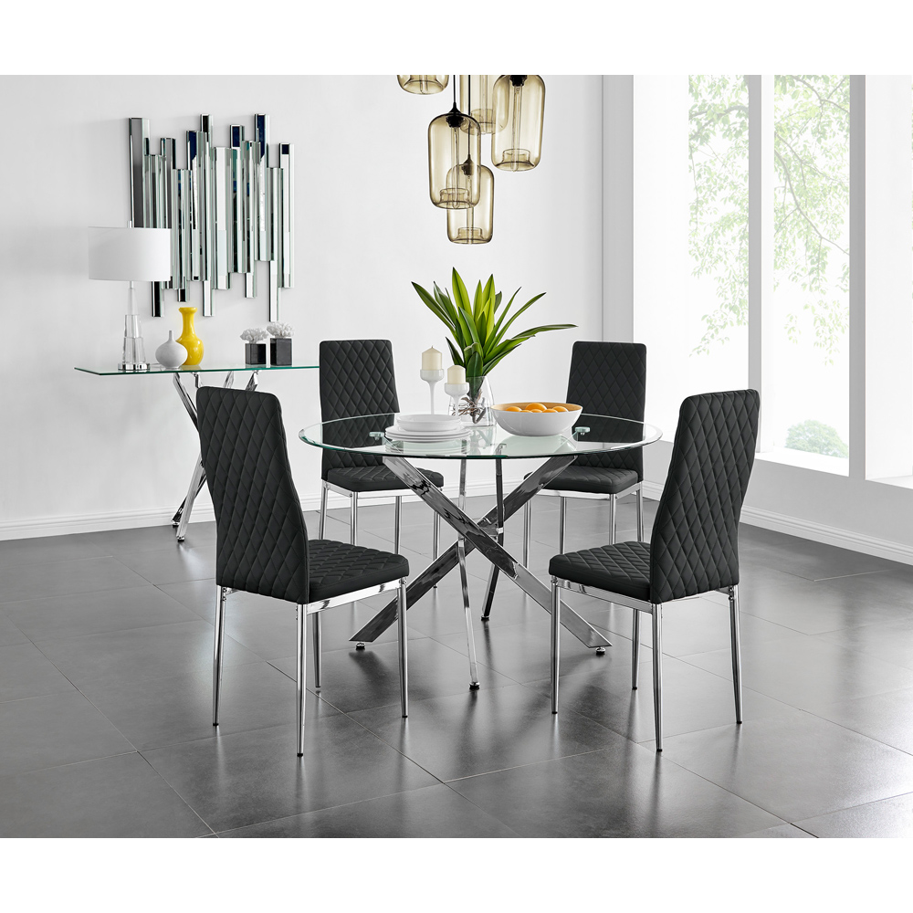 Furniturebox Arona Valera Glass 4 Seater Round Dining Set Chrome and Black Image 9