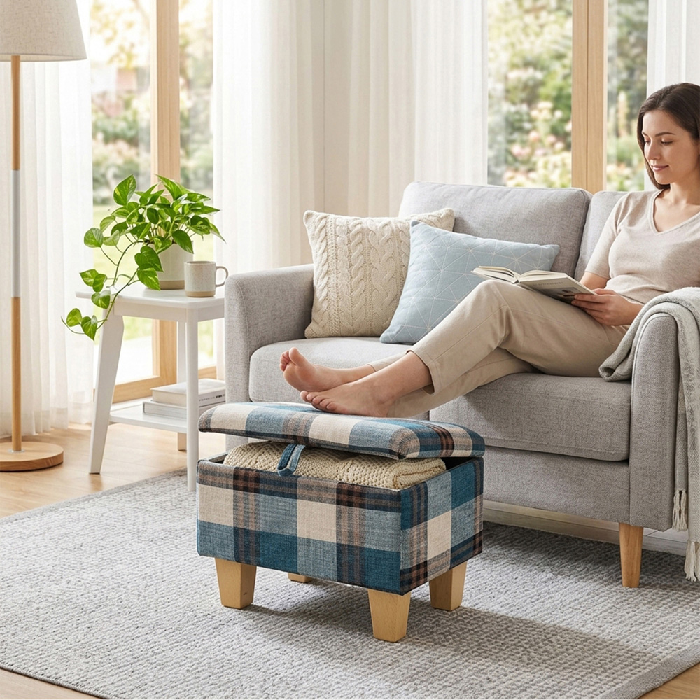 Living and Home Blue Tartan Linen Storage Ottoman Image 7