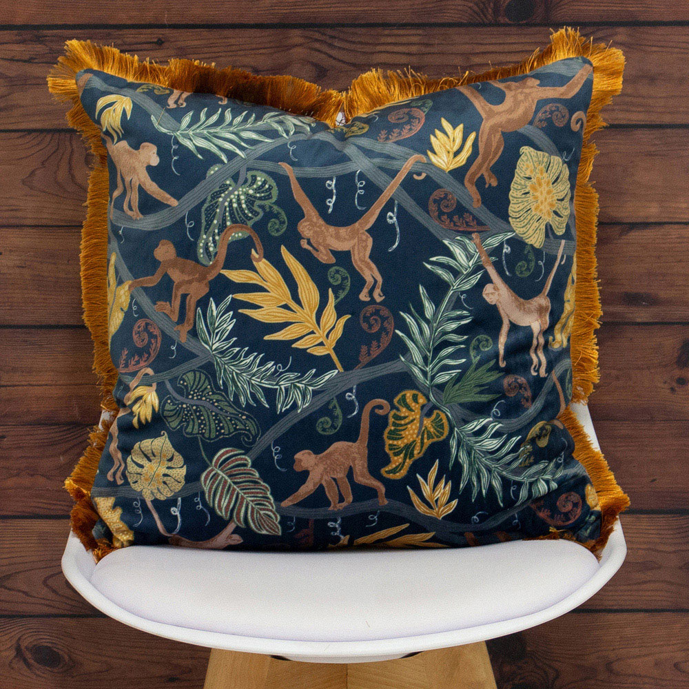 furn. Midnight Blue Monkey Forest Jungle Cushion Image 2