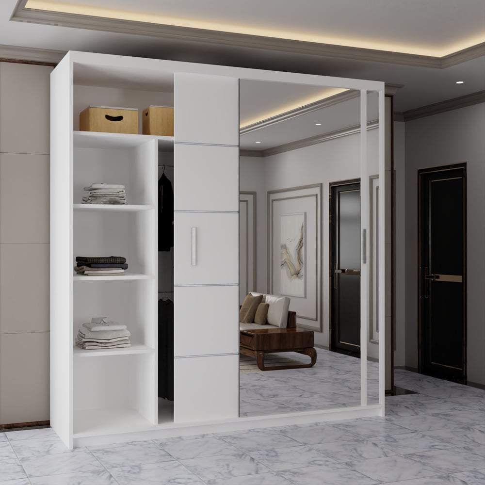 Modern Sliding Mirror Door Wardrobe with Adjustable Shelves and Hanging Rails (White 203cm) Image 3